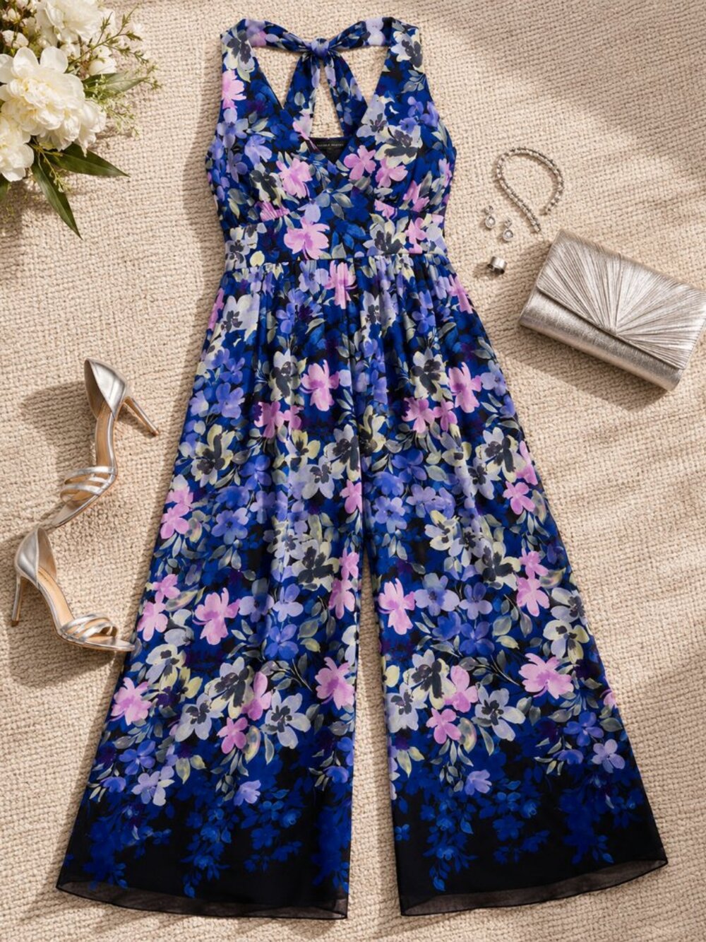 Betsy & Adam Black Blue Floral Print Sleeveless Wide Leg Jumpsuit NWT Summer